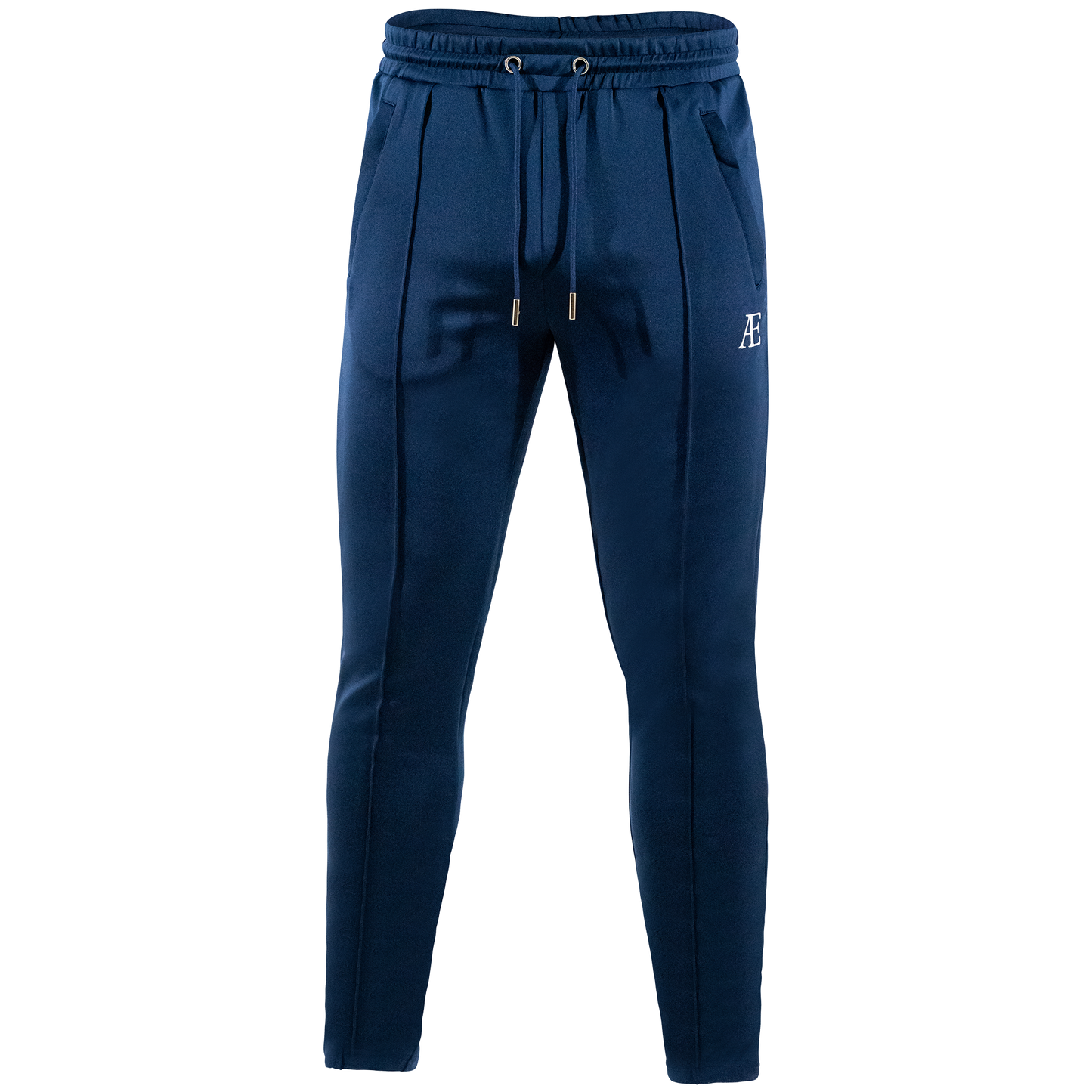 A navy blue AE navy bottoms with a slim fit and drawstring waistband, featuring subtle AE logo branding.