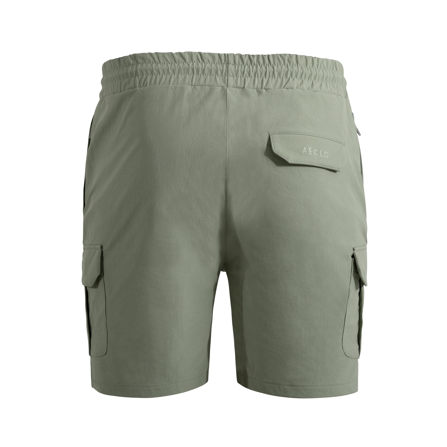 Green cargo shorts with multiple pockets on a white background