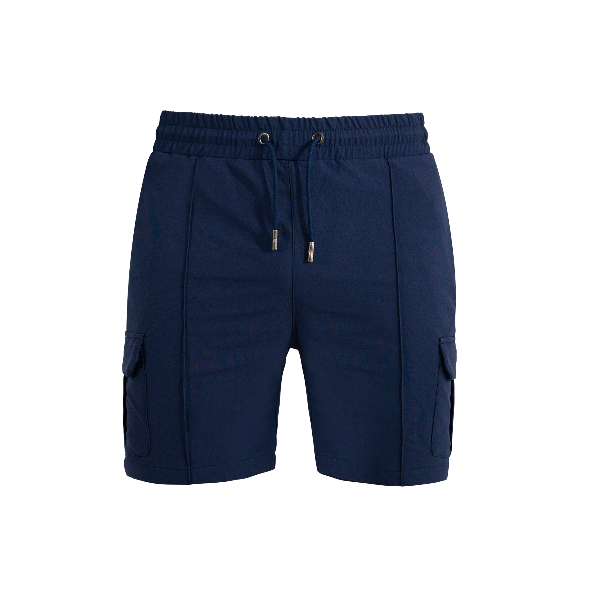 Navy blue shorts with pockets on a white background