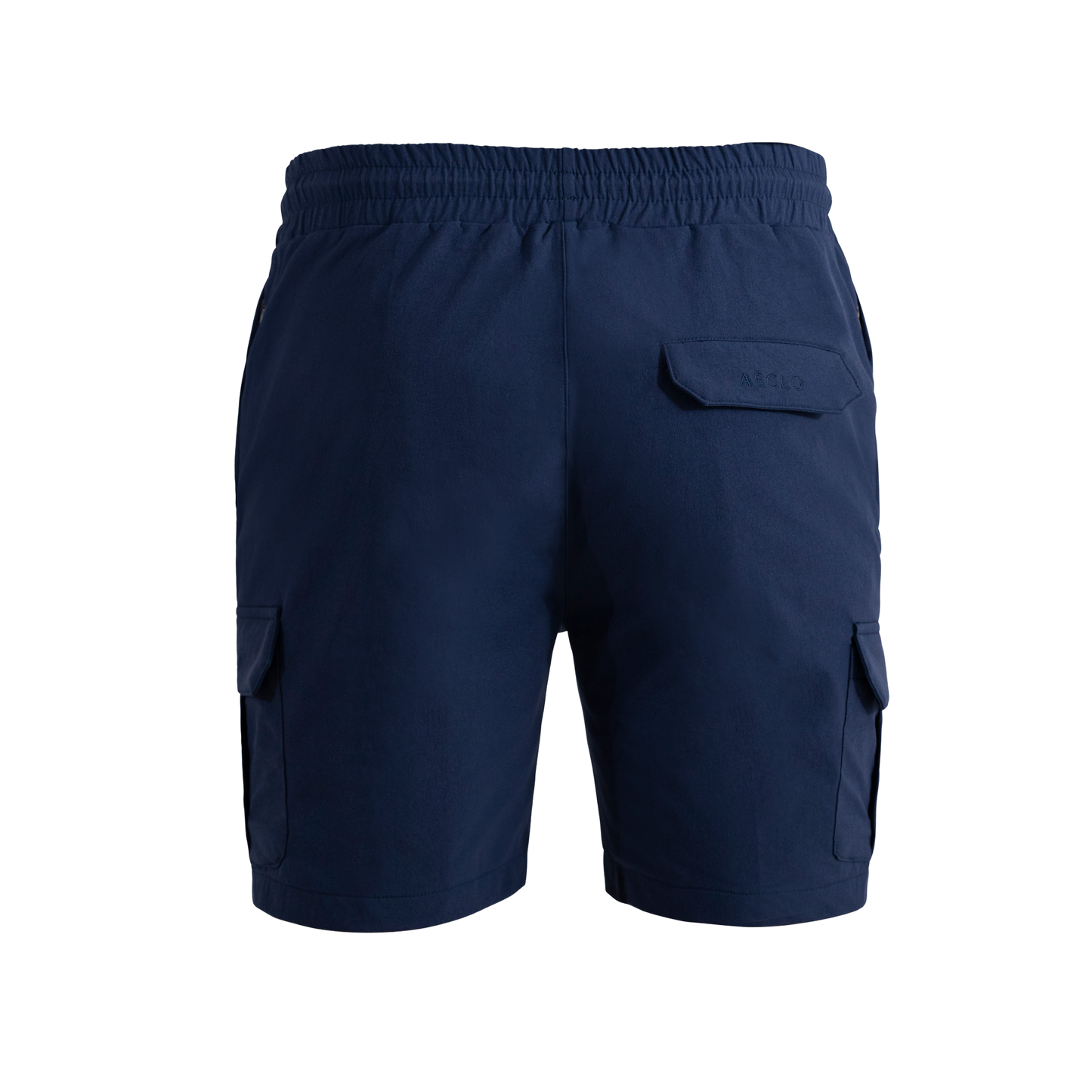 Navy blue cargo shorts on a white background