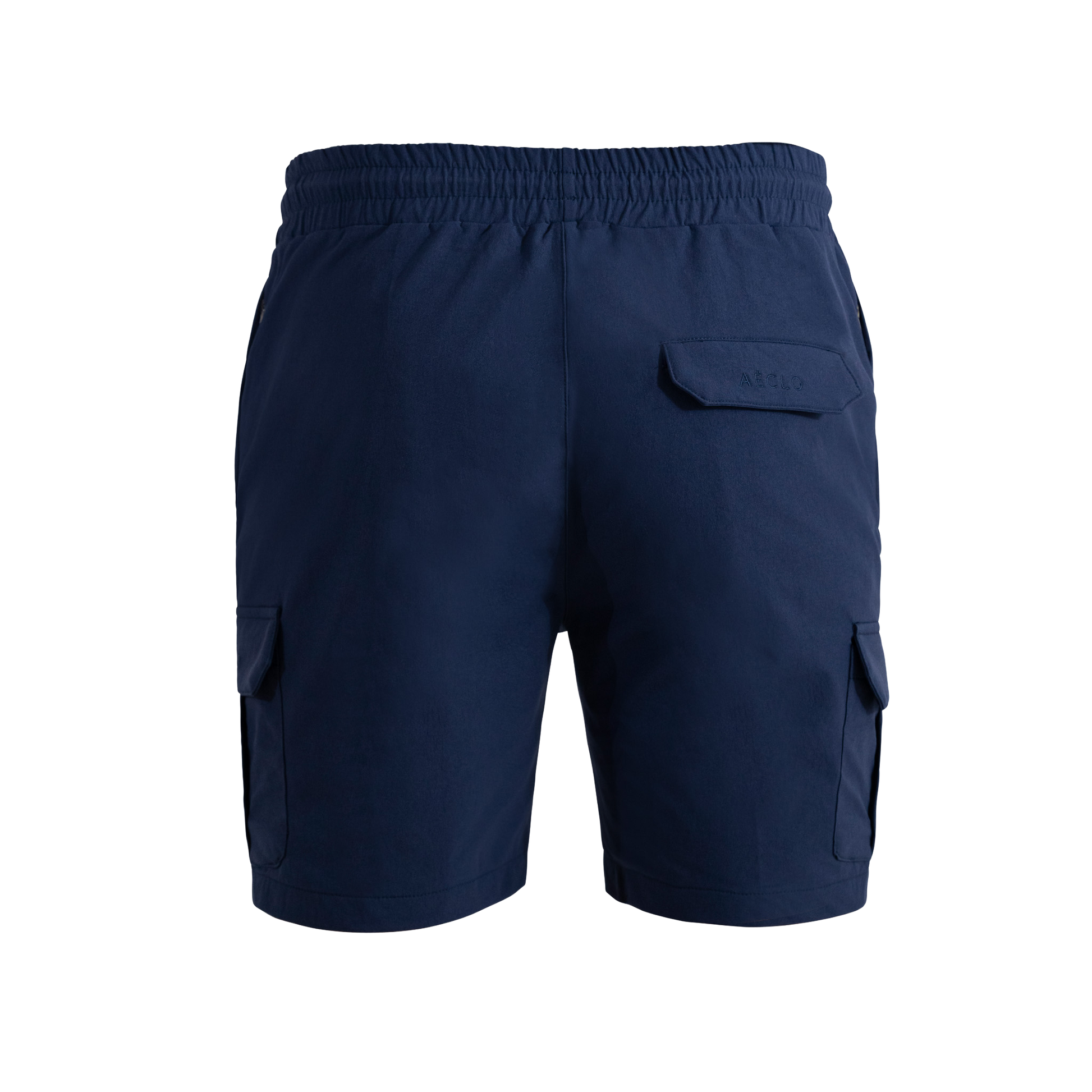 Navy blue cargo shorts on a white background