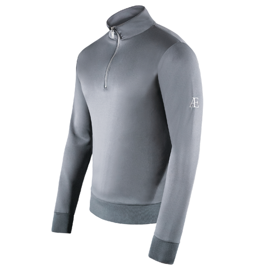 Gray zipper with logo on left arm