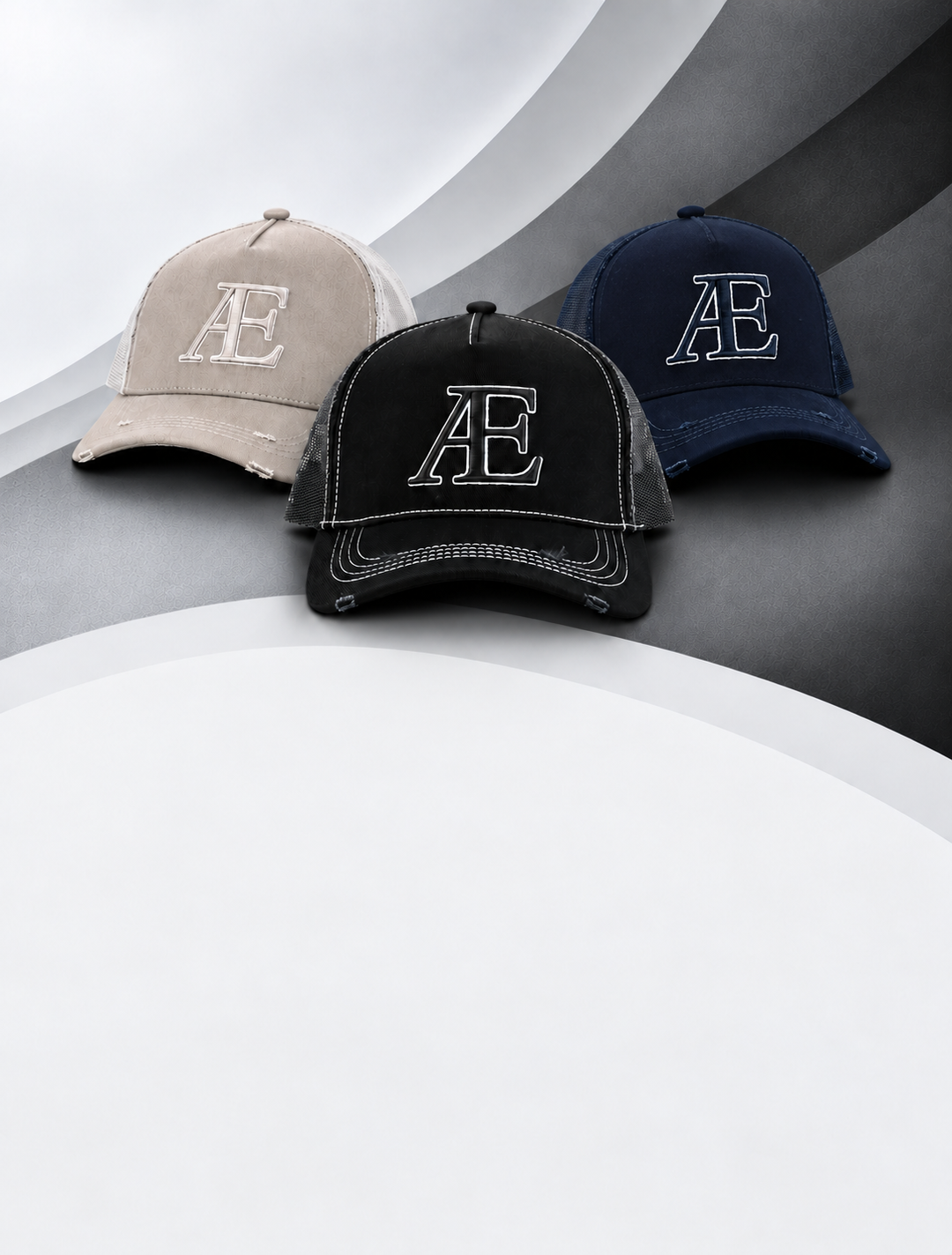 Three AÉCLO trucker caps