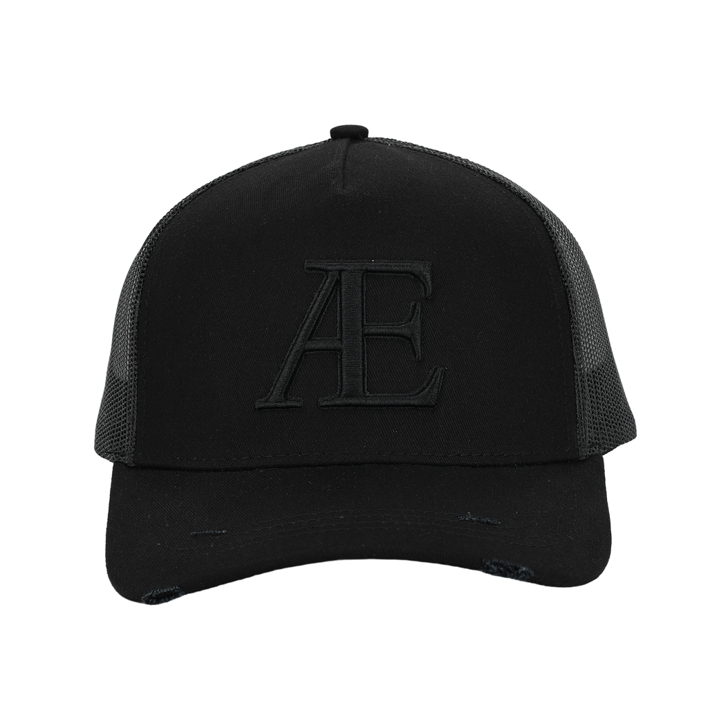 black cap with 'AE' logo on a white background