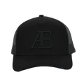 black cap with 'AE' logo on a white background