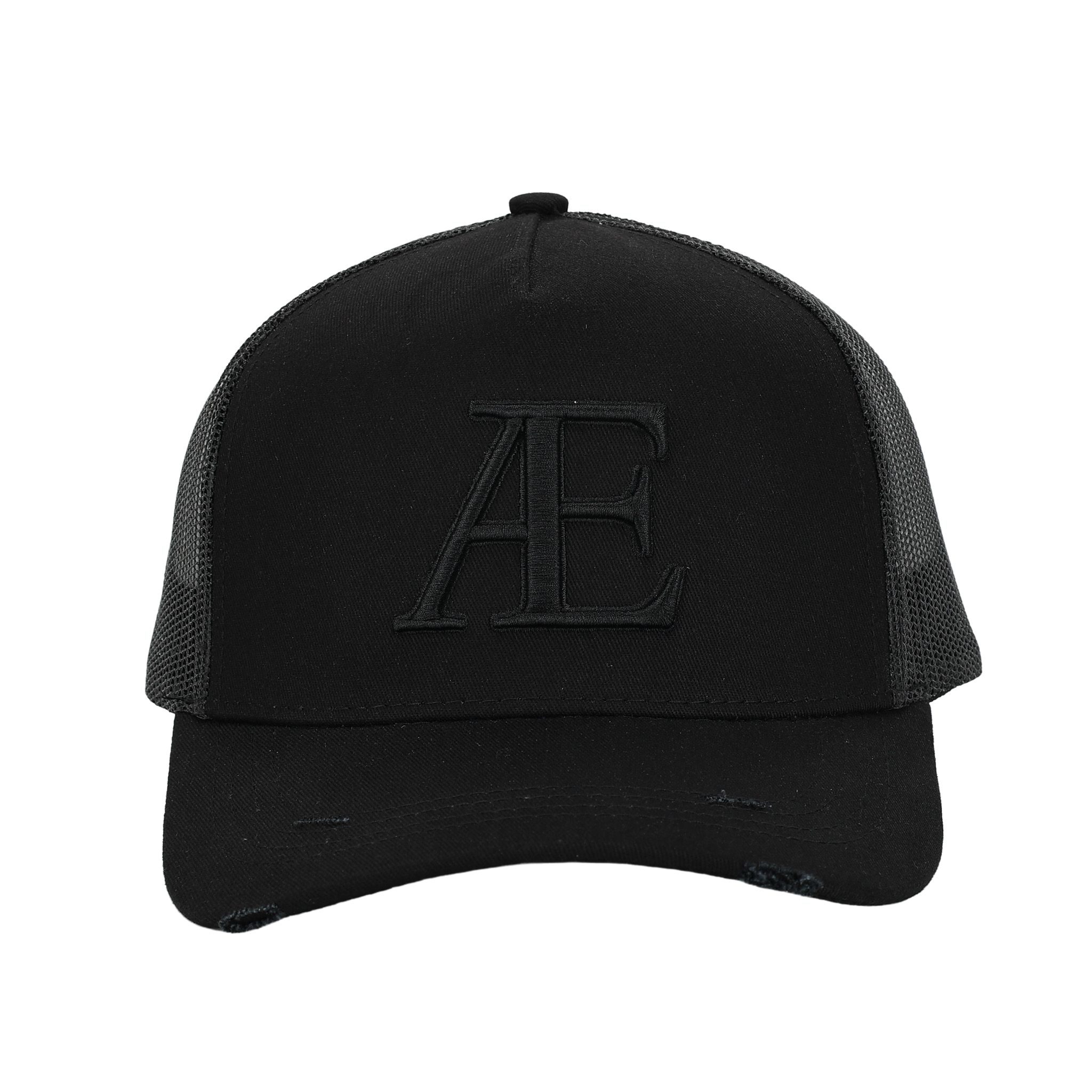 black cap with 'AE' logo on a white background