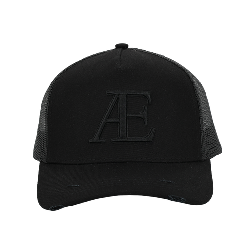 black cap with 'AE' logo on a white background