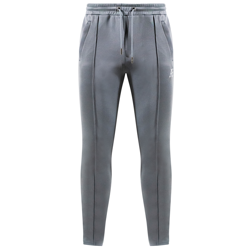 A  gray joggers with a drawstring waist and subtle brand logo on the left leg.