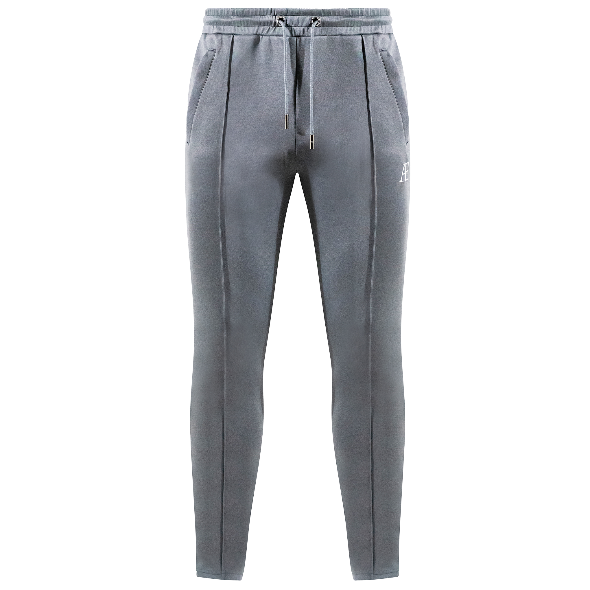 A  gray joggers with a drawstring waist and subtle brand logo on the left leg.