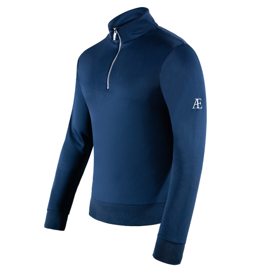 Blue color quarter zipper logo on left arm