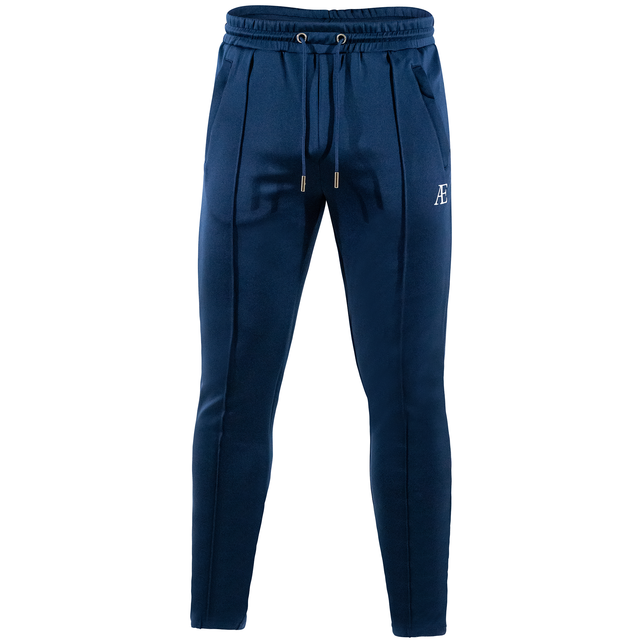 A navy blue AE navy bottoms with a slim fit and drawstring waistband, featuring subtle AE logo branding.