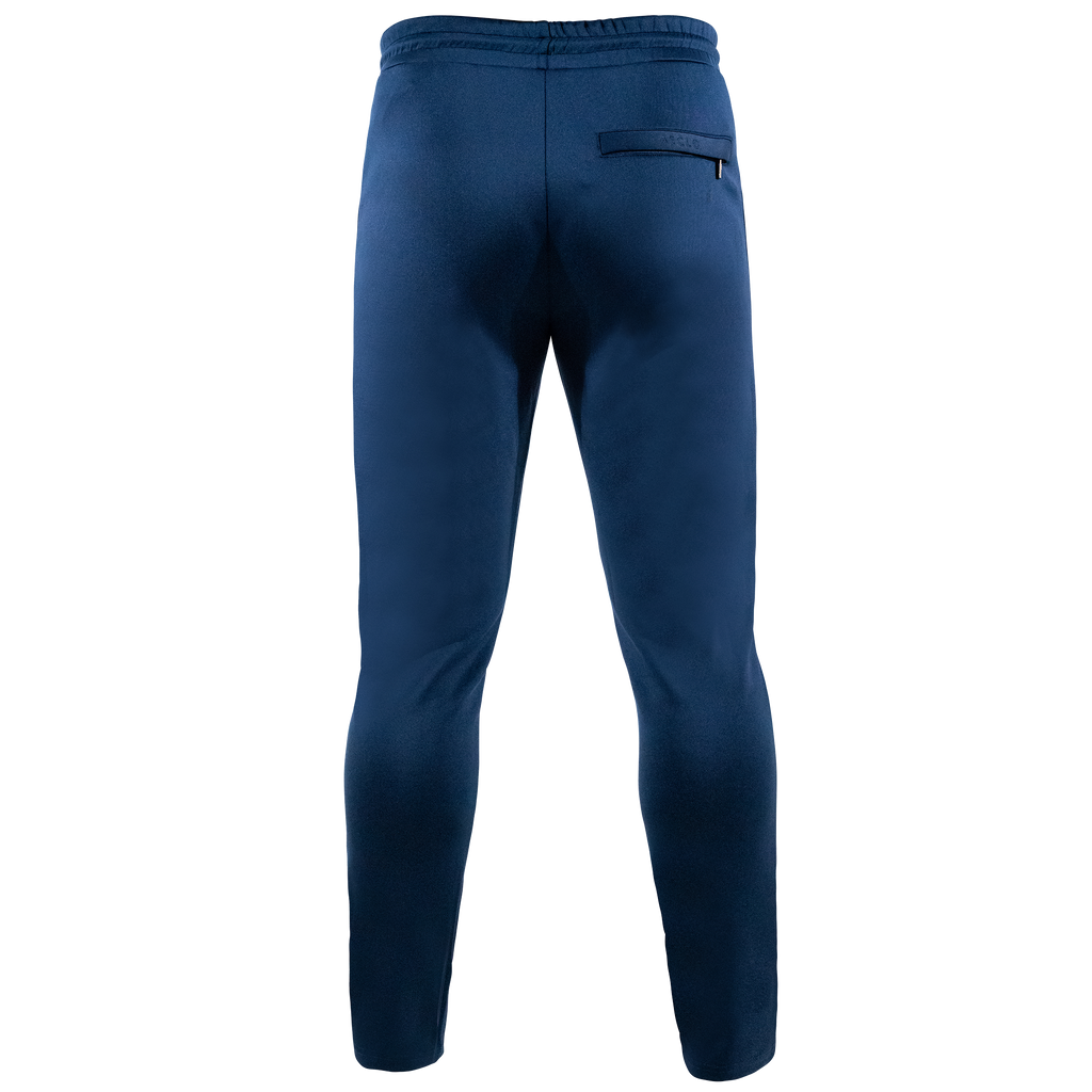 A blue slim-fit bottoms back view
