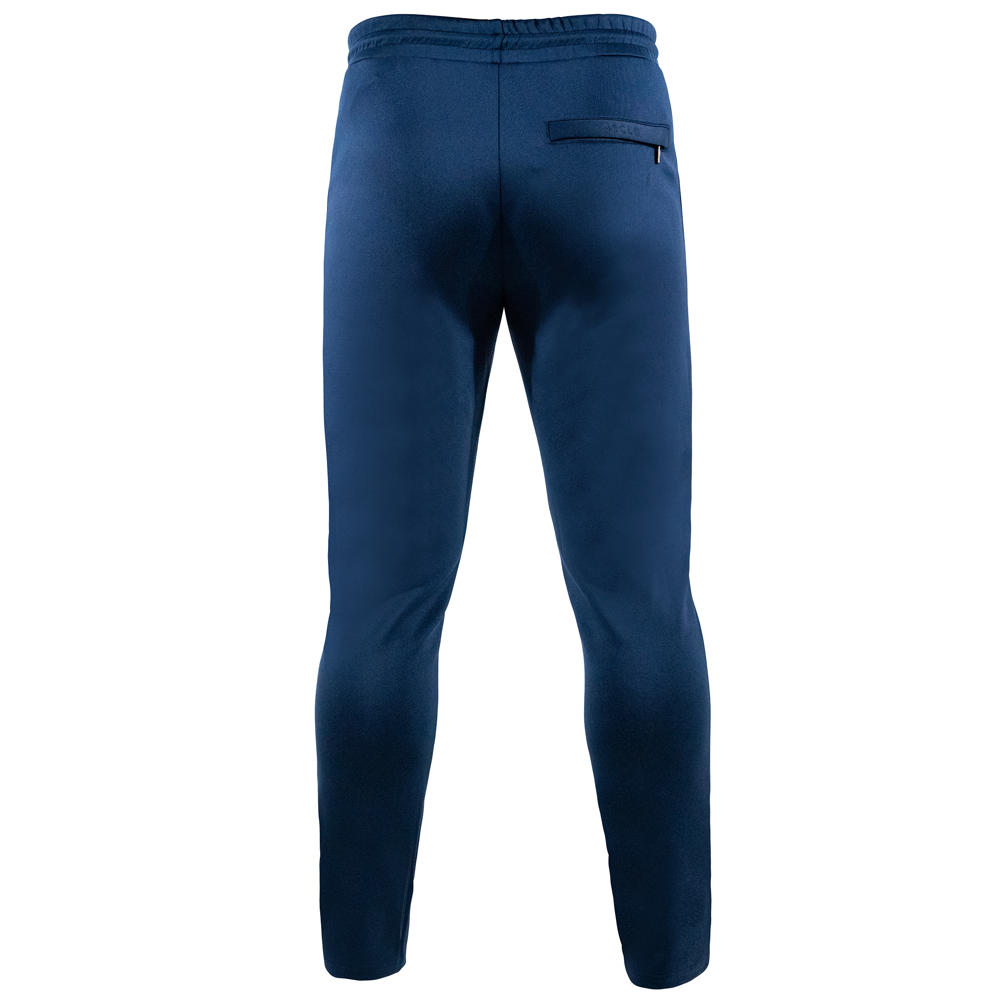 A blue slim-fit bottoms back view