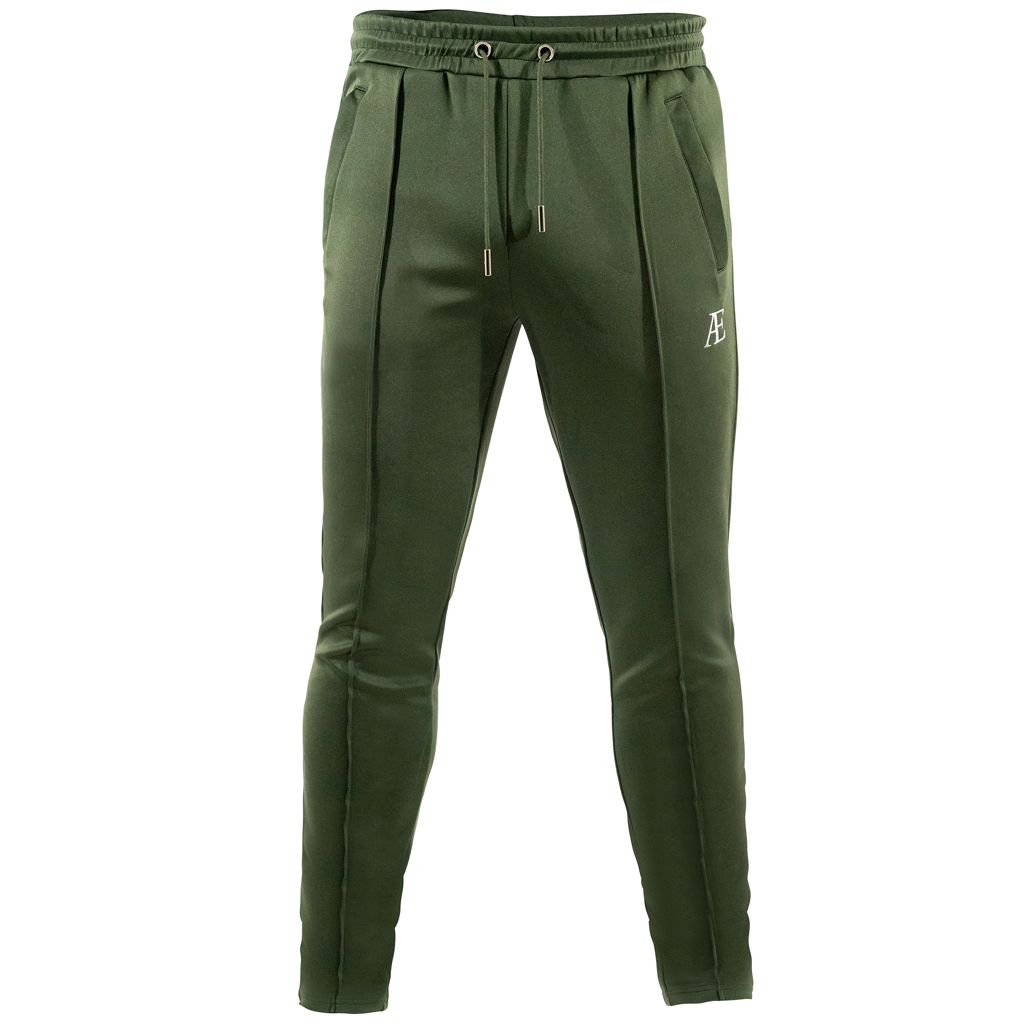 A forest green slim-fit bottoms with subtle branding on the upper left thigh.