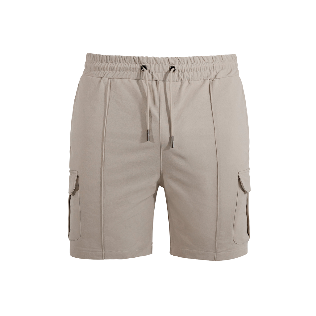 Beige cargo shorts on a white background