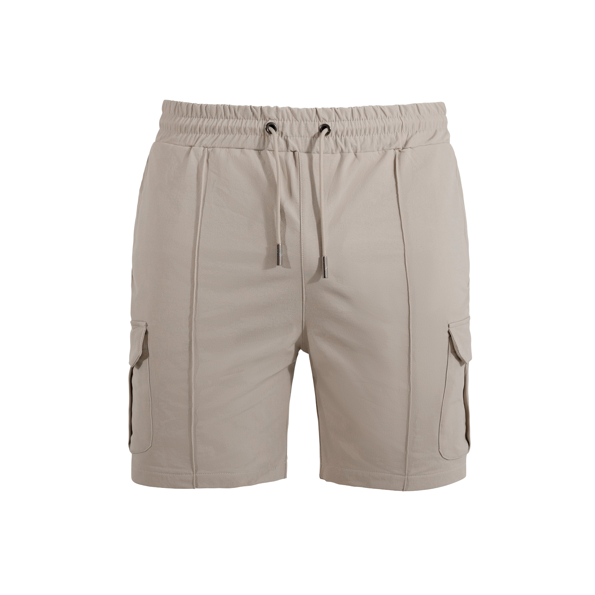 Beige cargo shorts on a white background