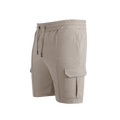 Side profile of beige cargo shorts with tonal embroidery and flap pockets