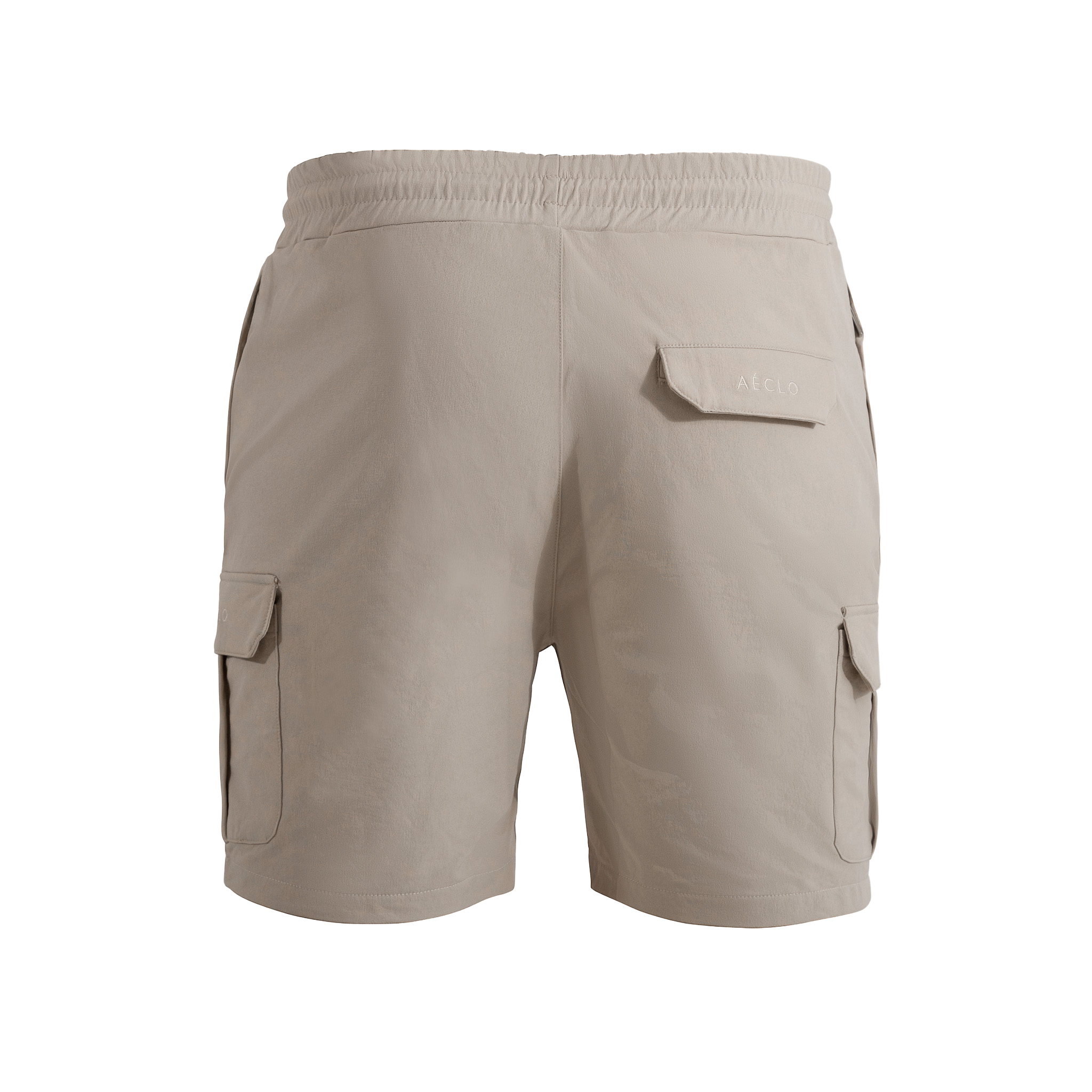 Beige cargo shorts on a white background