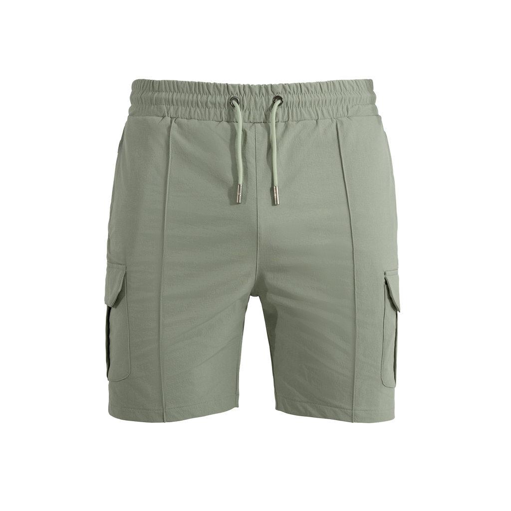 Green shorts with a drawstring on a white background