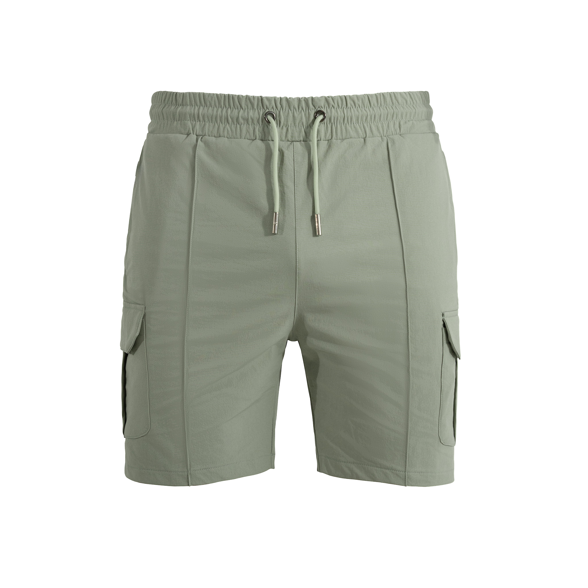 Green shorts with a drawstring on a white background