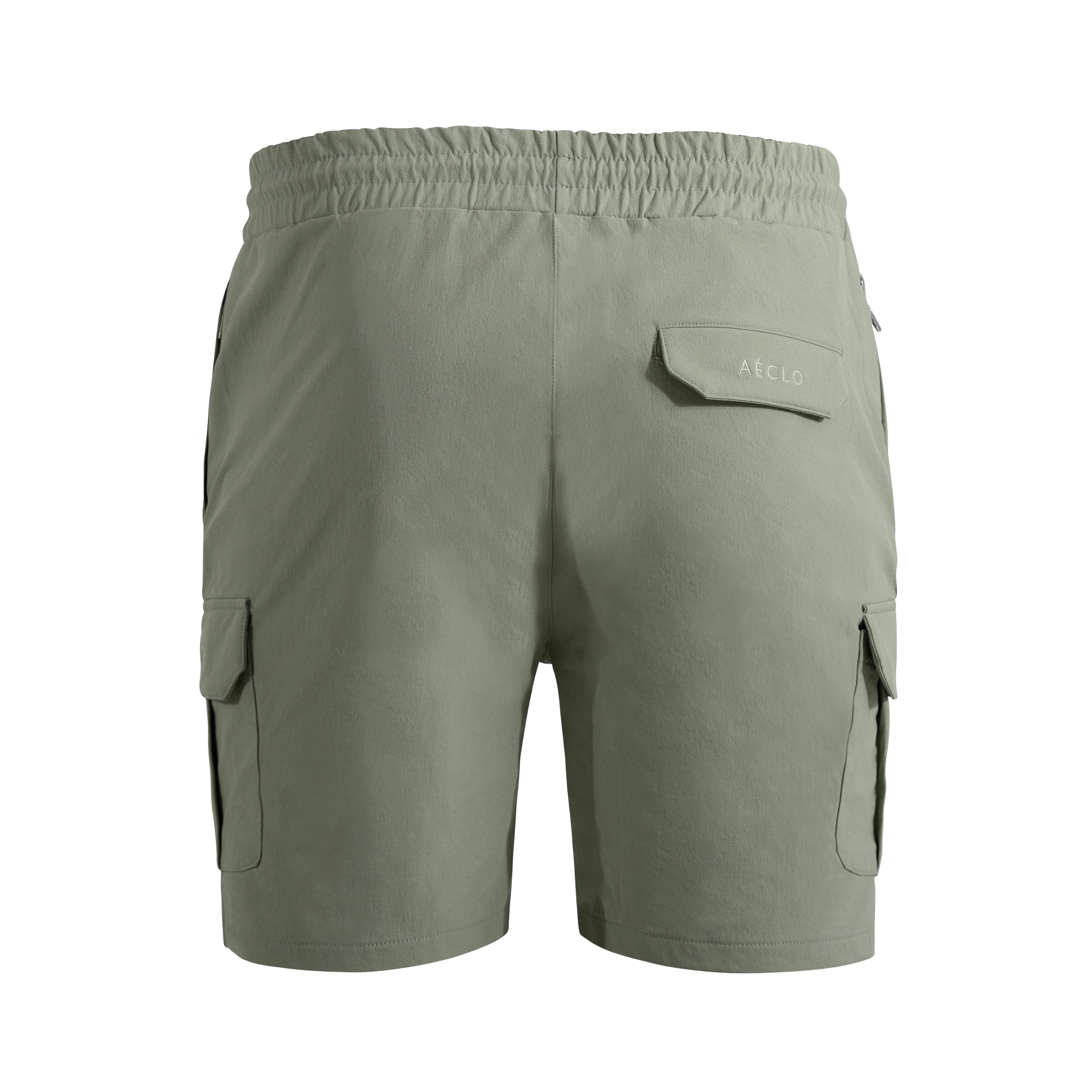 Green cargo shorts with multiple pockets on a white background