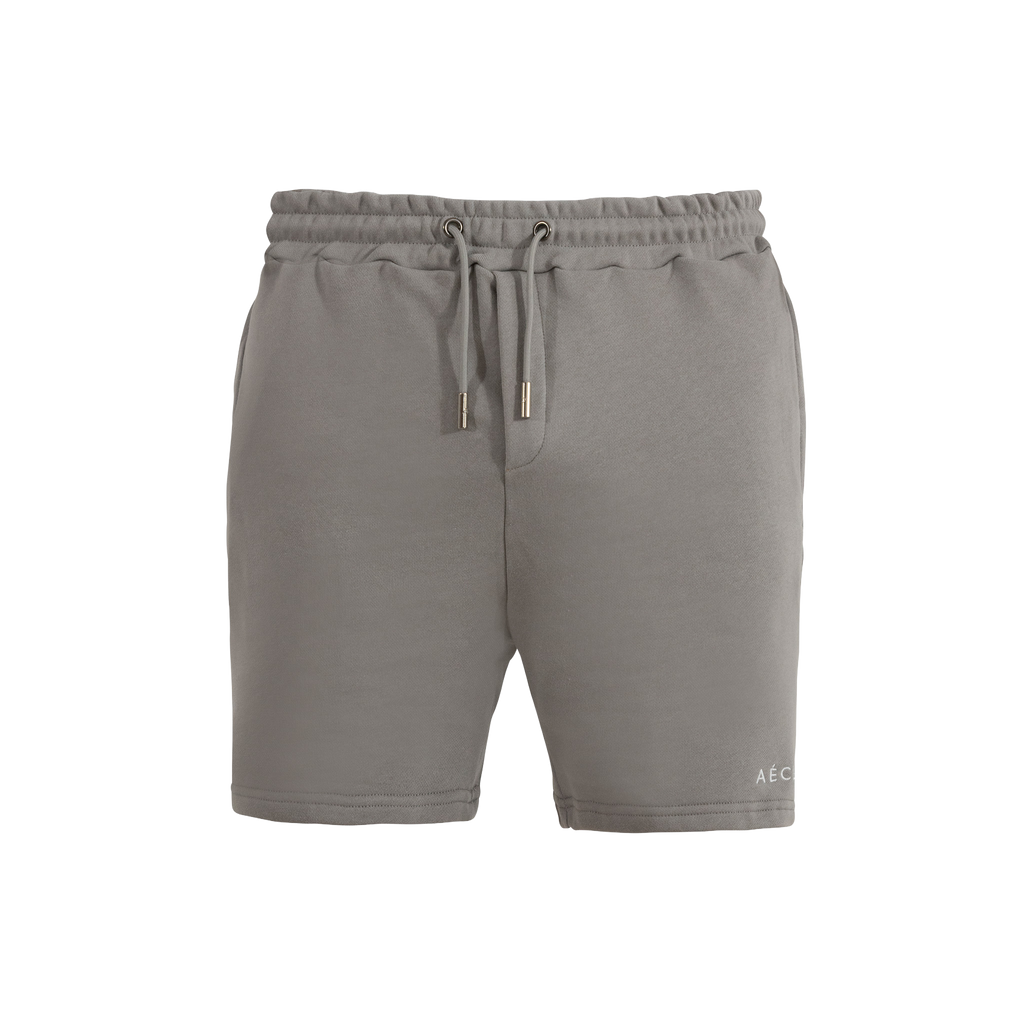 Gray shorts with drawstring on a white background