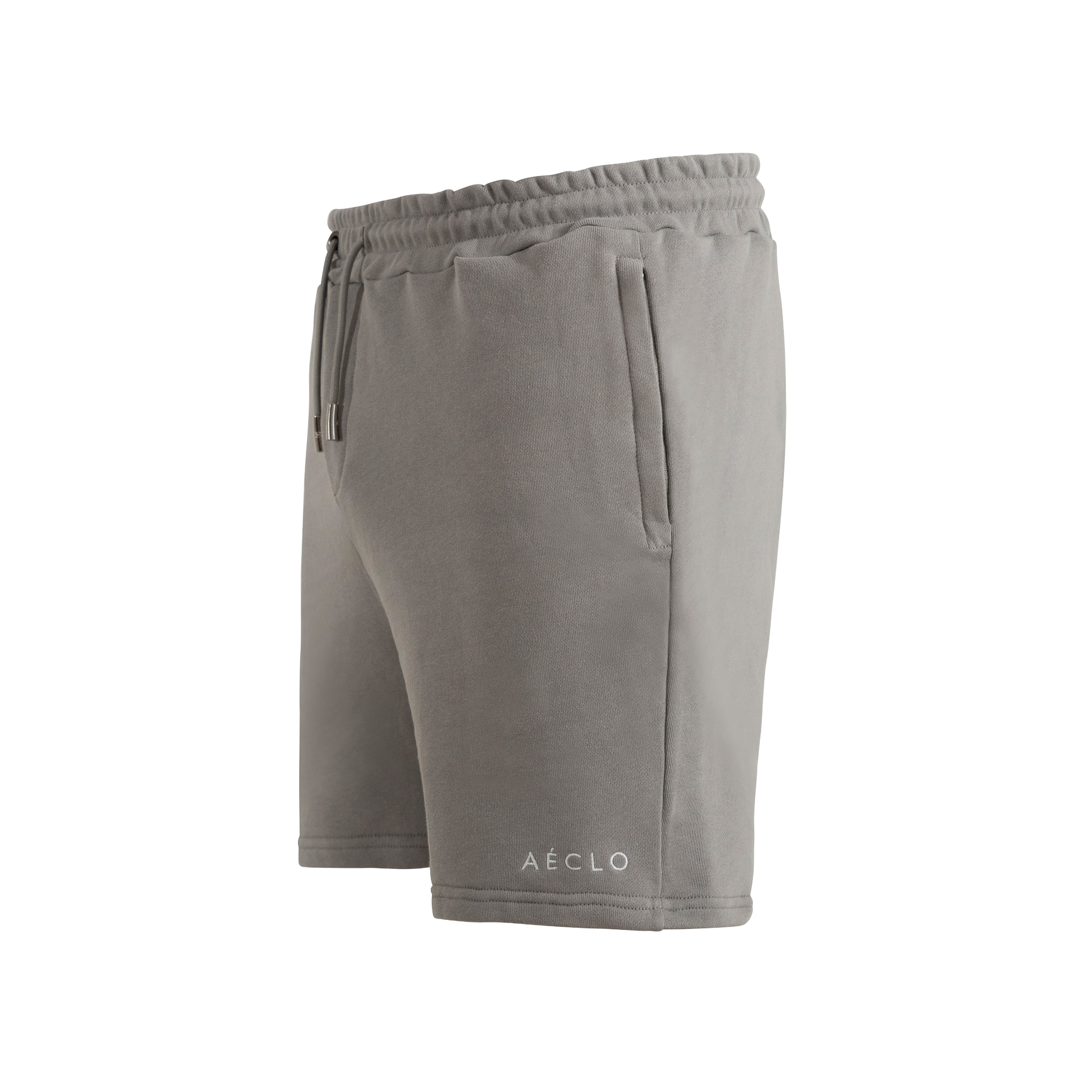 Gray shorts with a brand logo on a white background