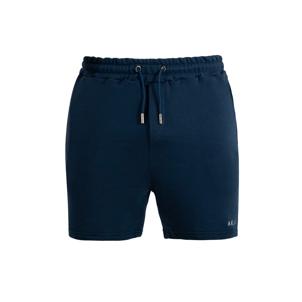 Navy blue shorts with drawstring on a white background