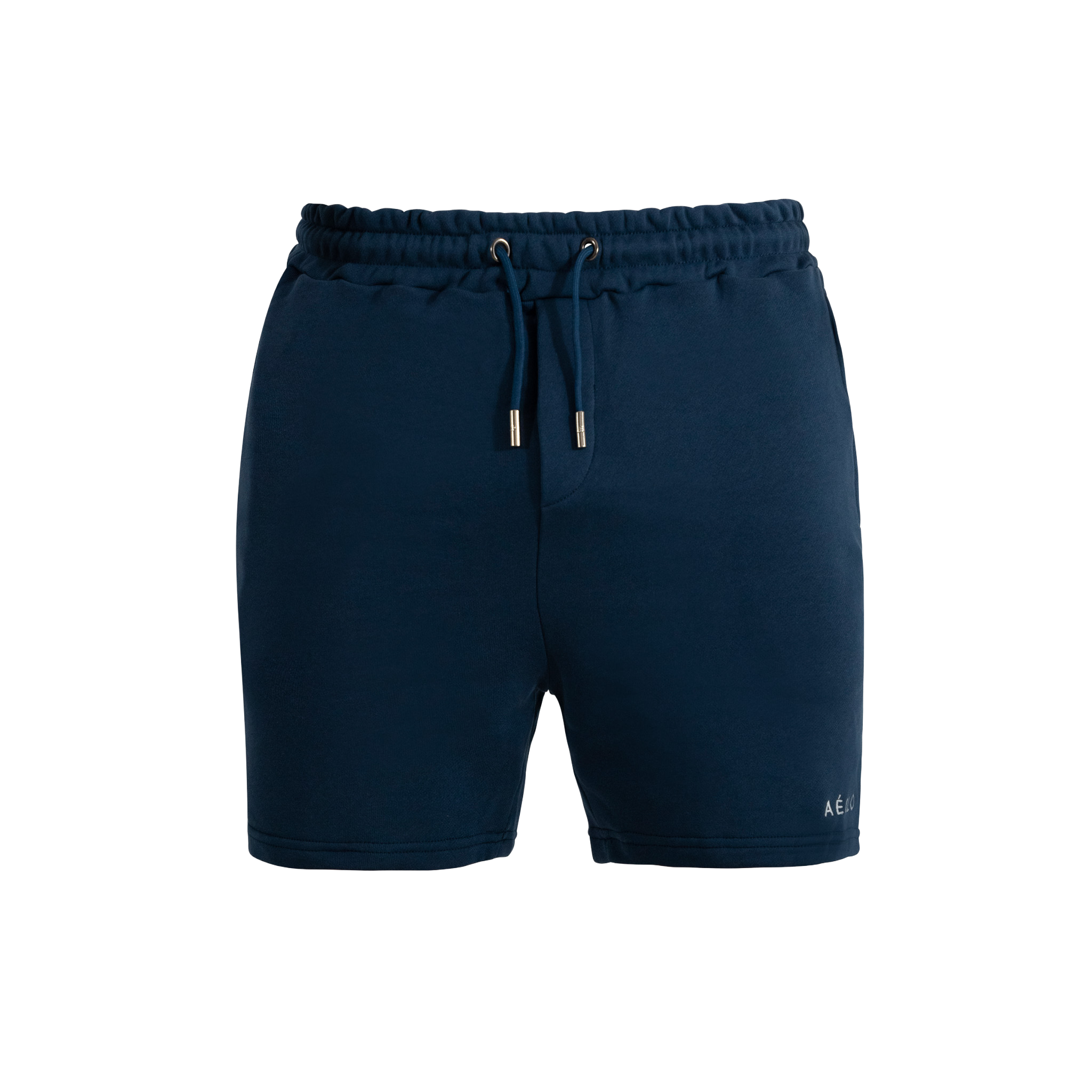 Navy blue shorts with drawstring on a white background