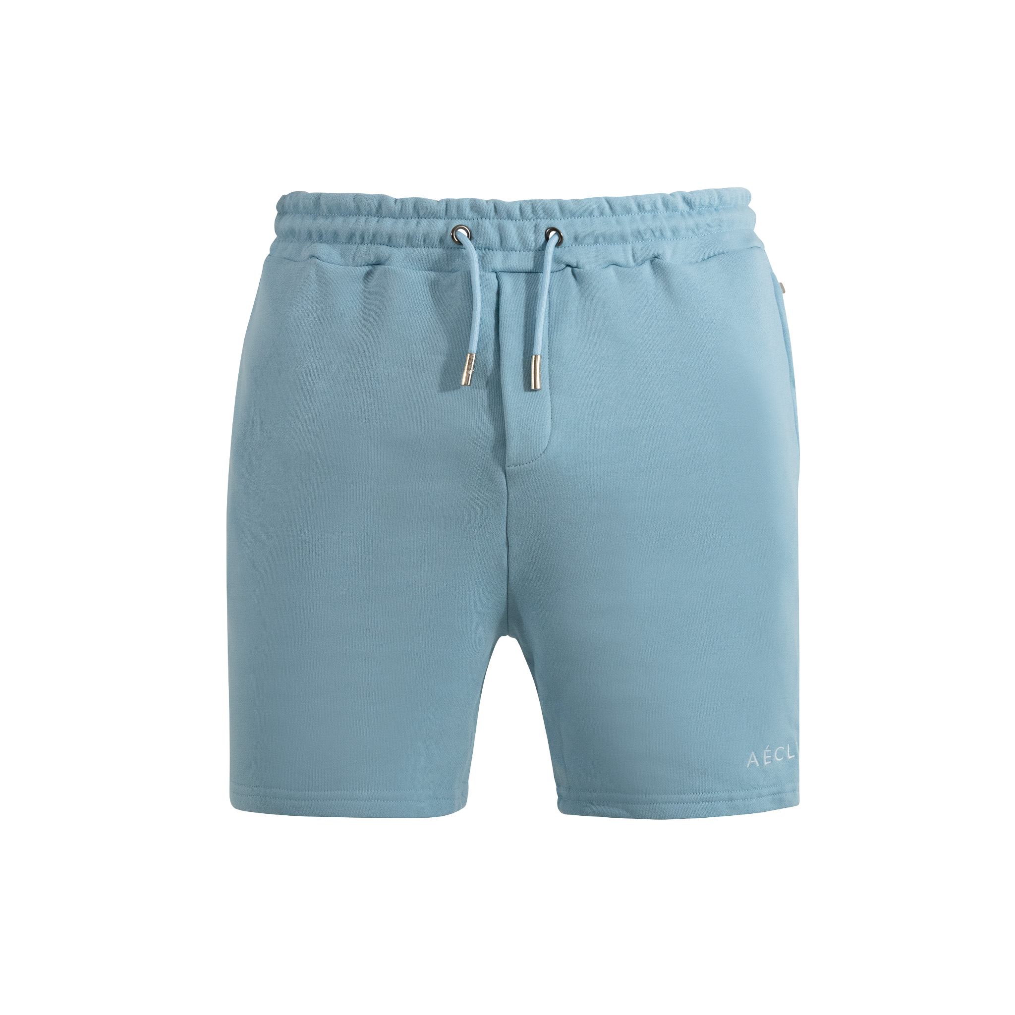 Light blue shorts with drawstring on a white background