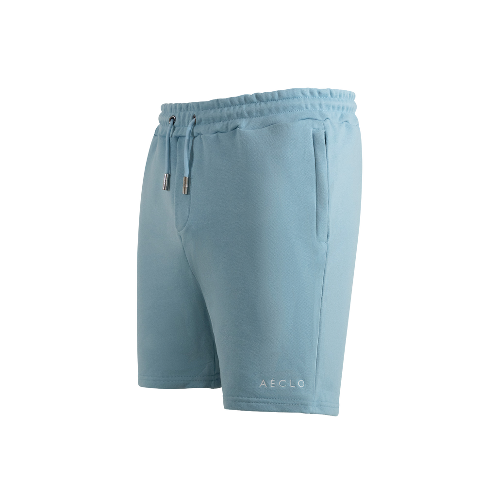 Ocean blue relaxed-fit shorts with elastic waistband and subtle AÉCLO embroidery