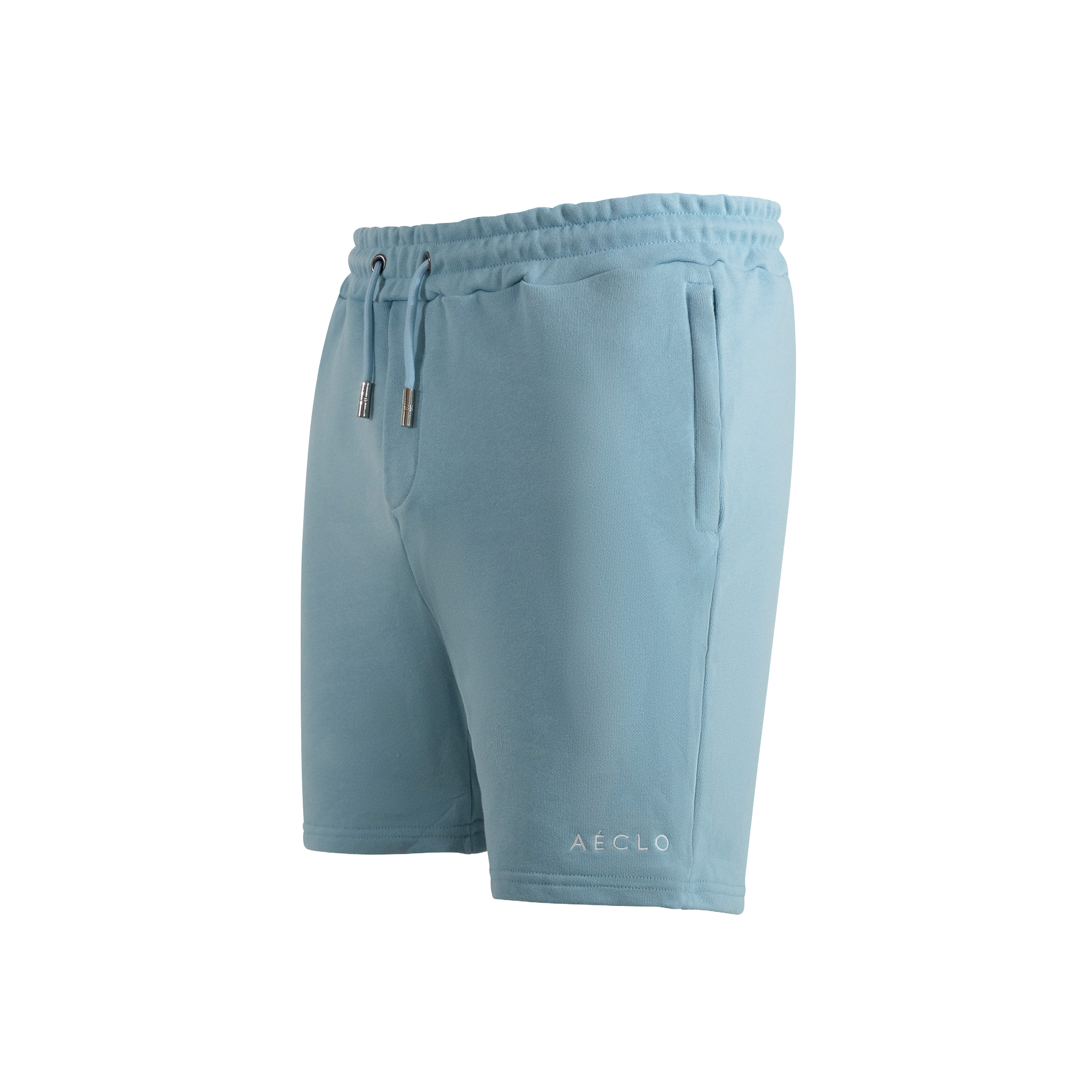Ocean blue relaxed-fit shorts with elastic waistband and subtle AÉCLO embroidery