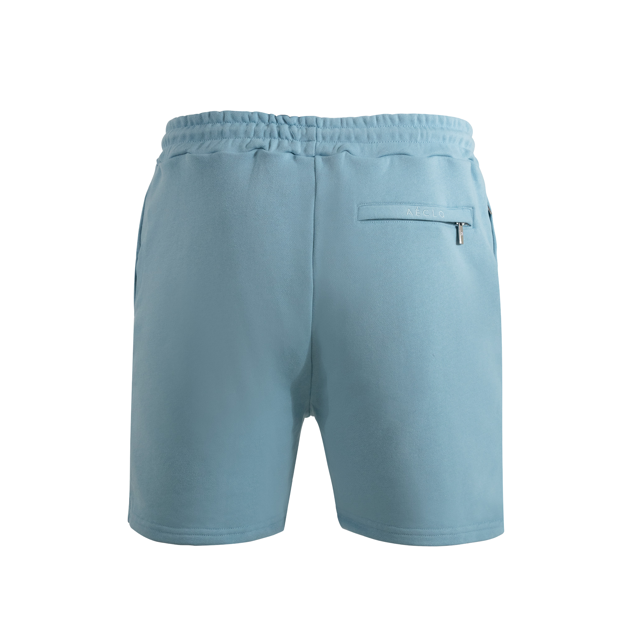 Light blue shorts with a pocket and zipper on a white background