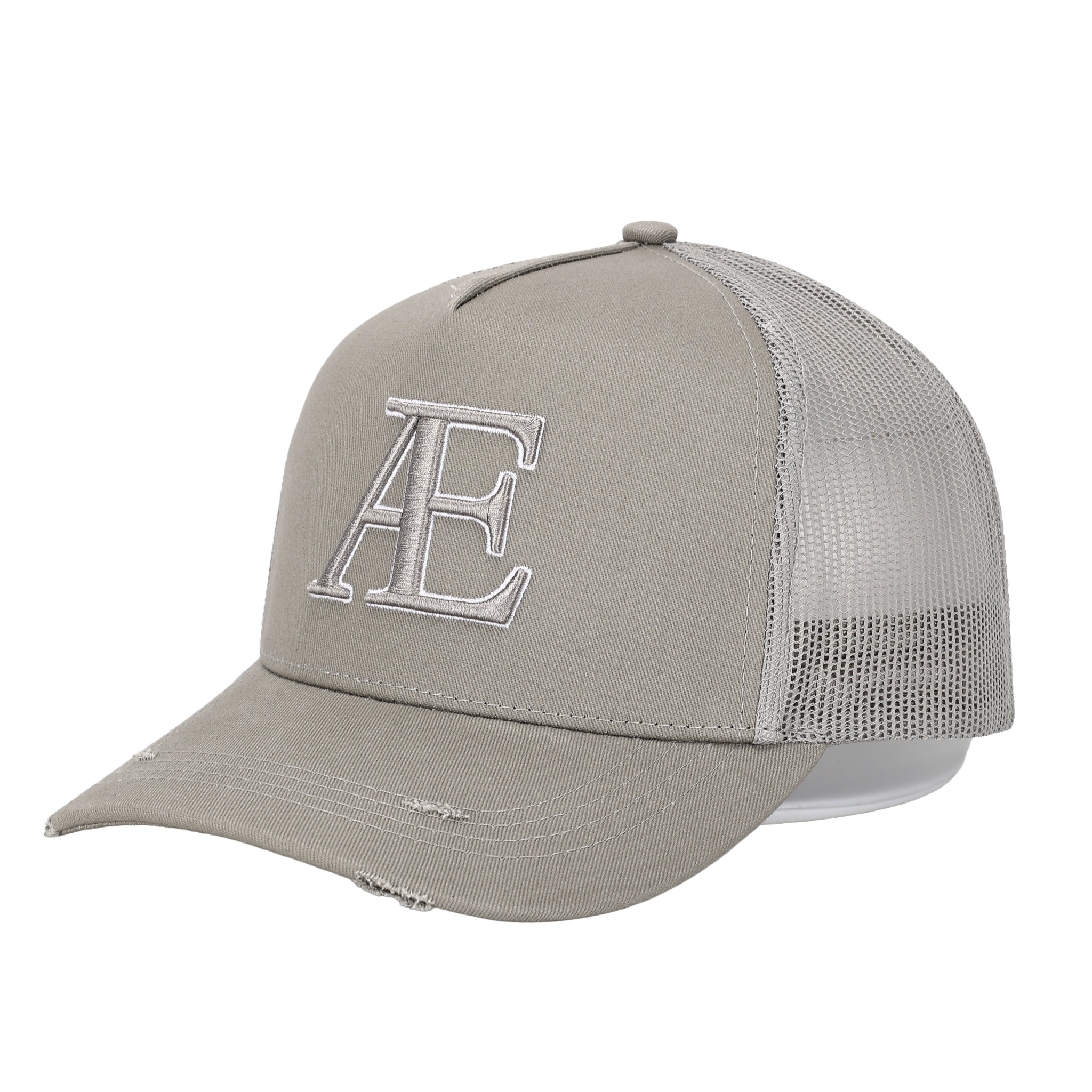 biege cap with 'AE' logo on a white background