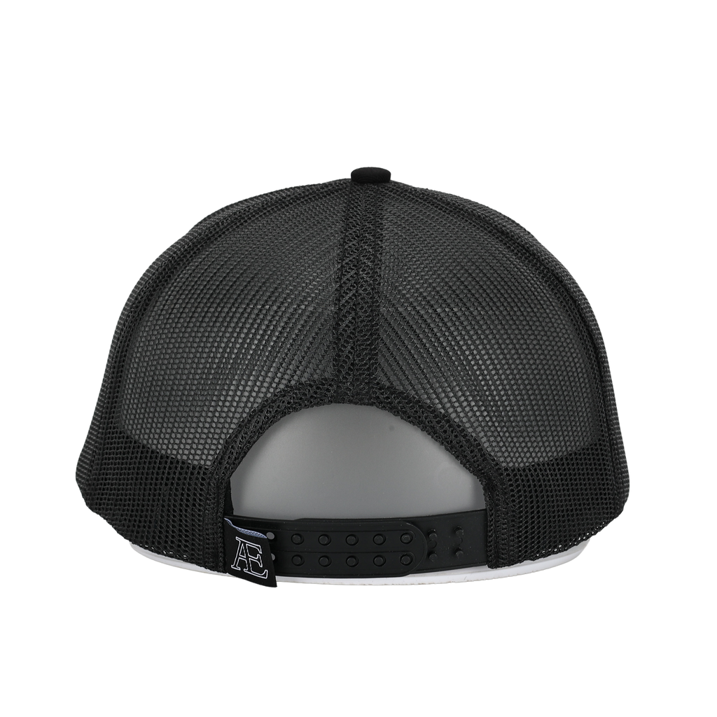 Black mesh cap with a logo on the back against a white background