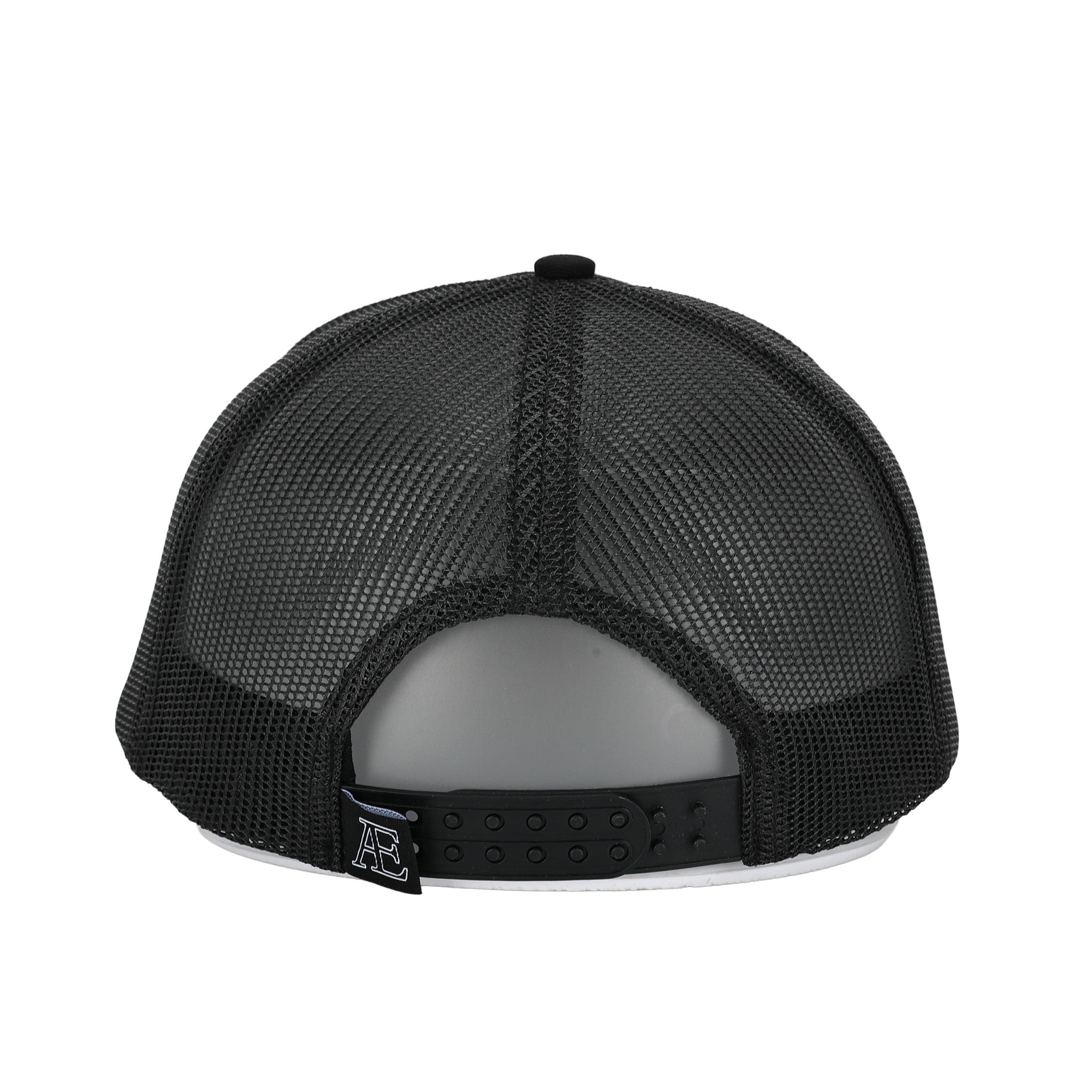 Black mesh cap with a logo on the back against a white background