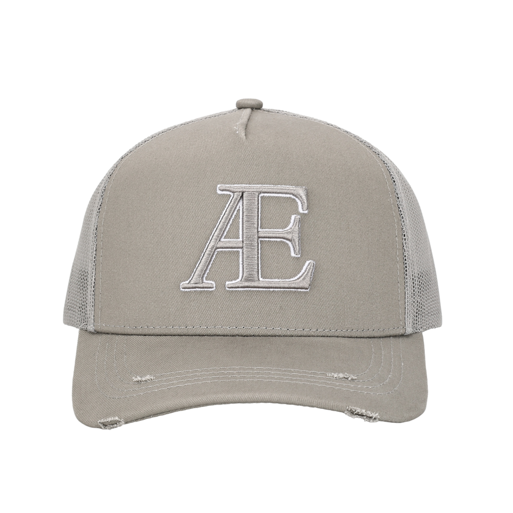 Gray cap with 'AE' logo on a white background